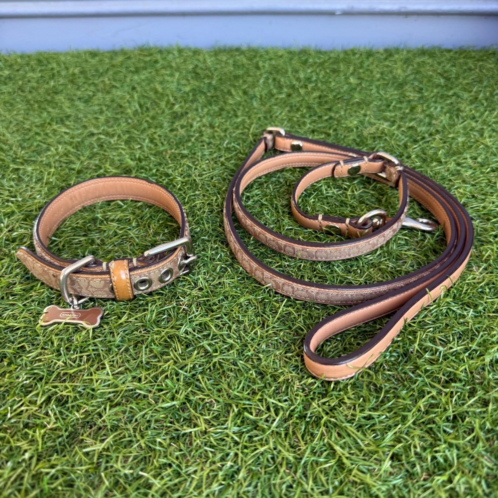Coach Signature C Monogram Dog Collar and Leash Set Small Tan Leather 4005 40161